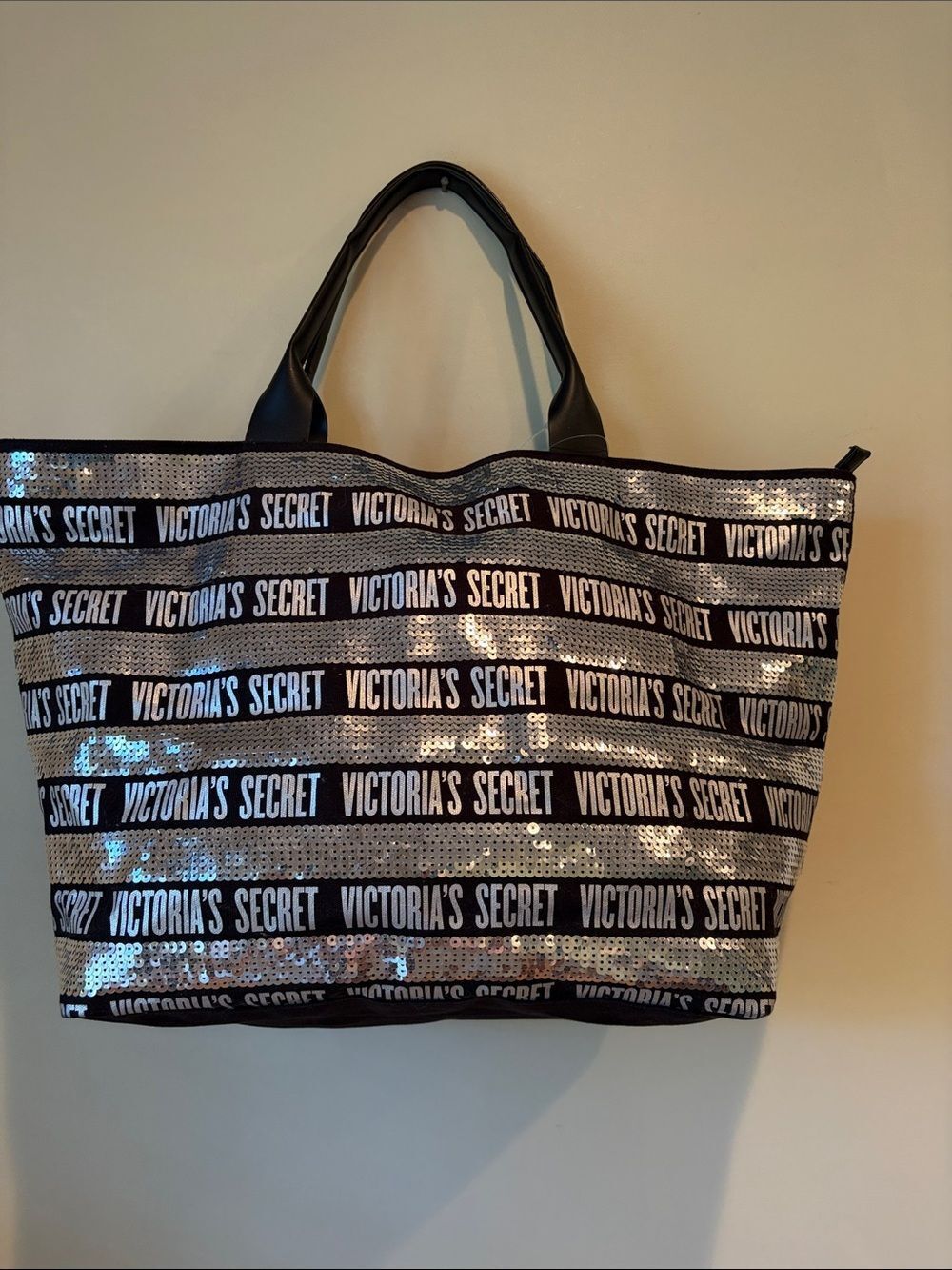 Victoria's Secret Black and Silver Sequin Logo Tote
